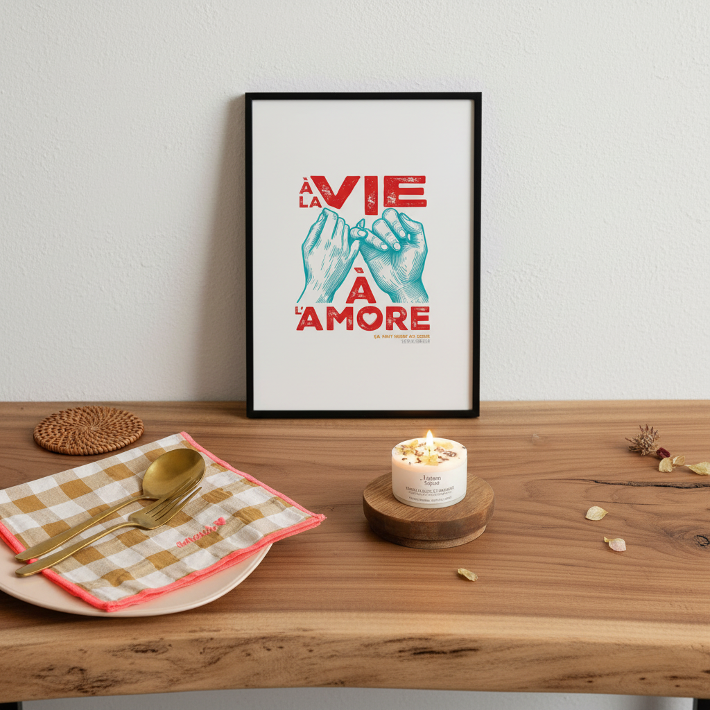 Affiche murale “À la vie à l’amore” posée sur table en bois avec bougie et serviette