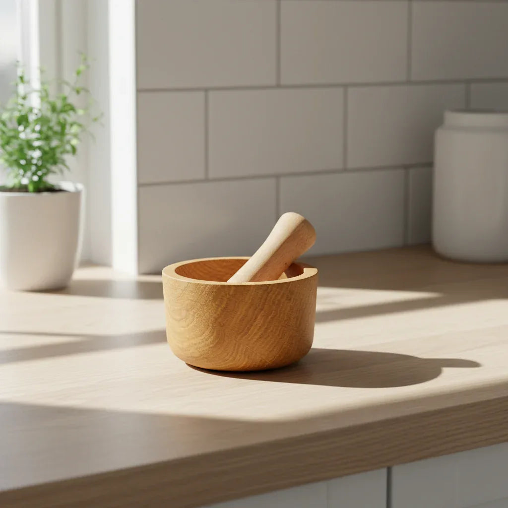 Mortier et pilon posé sur un plan de travail de cuisine