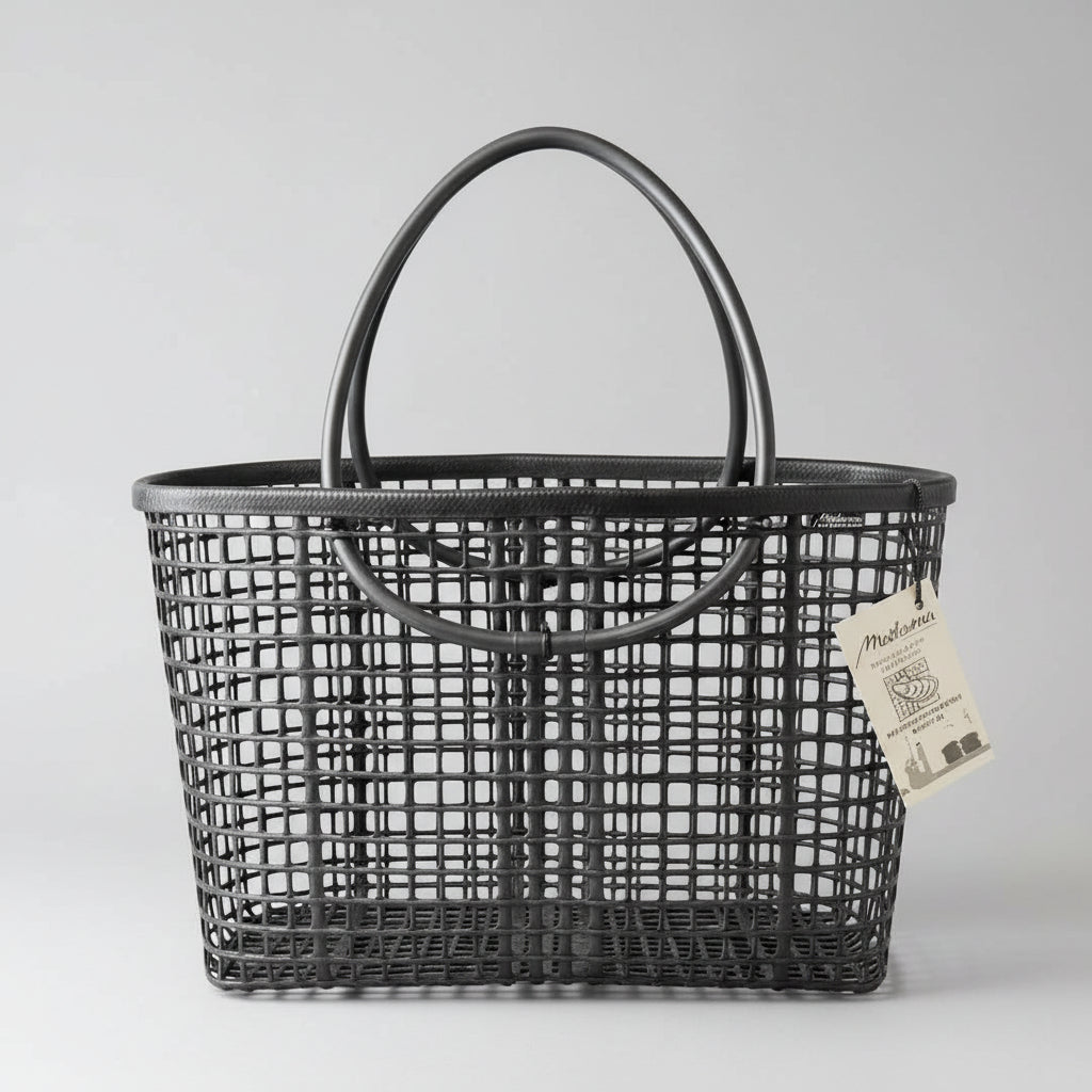 Un panier rectangulaire en plastique noir avec un motif de grille et deux poignées arrondies est posé sur une surface noire assortie. Une étiquette blanche avec un texte et une illustration est attachée à l'une des poignées.