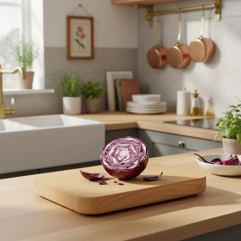 Planche à découper en bois massif sur plan de travail en bois dans une cuisine