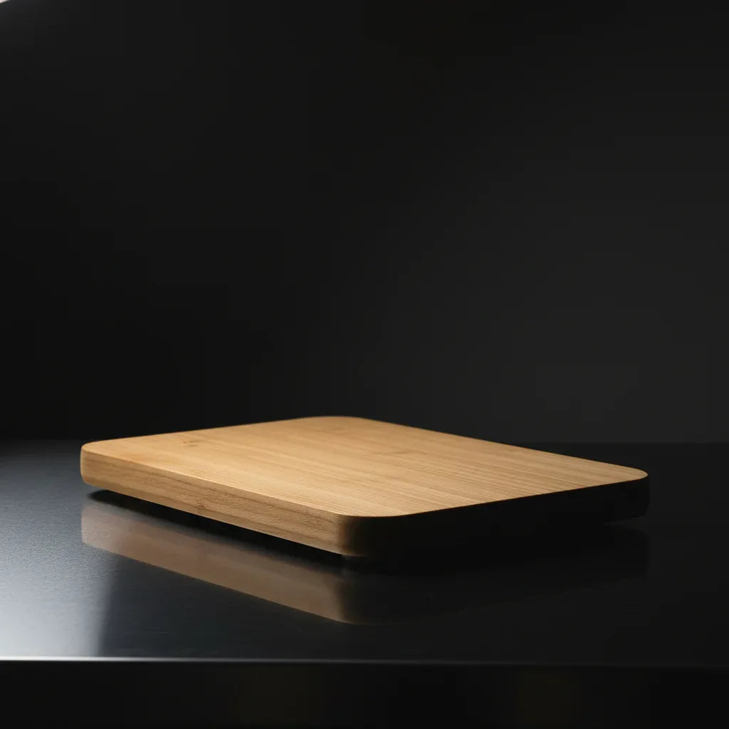 Planche à découper en bois massif sur plan de travail inox