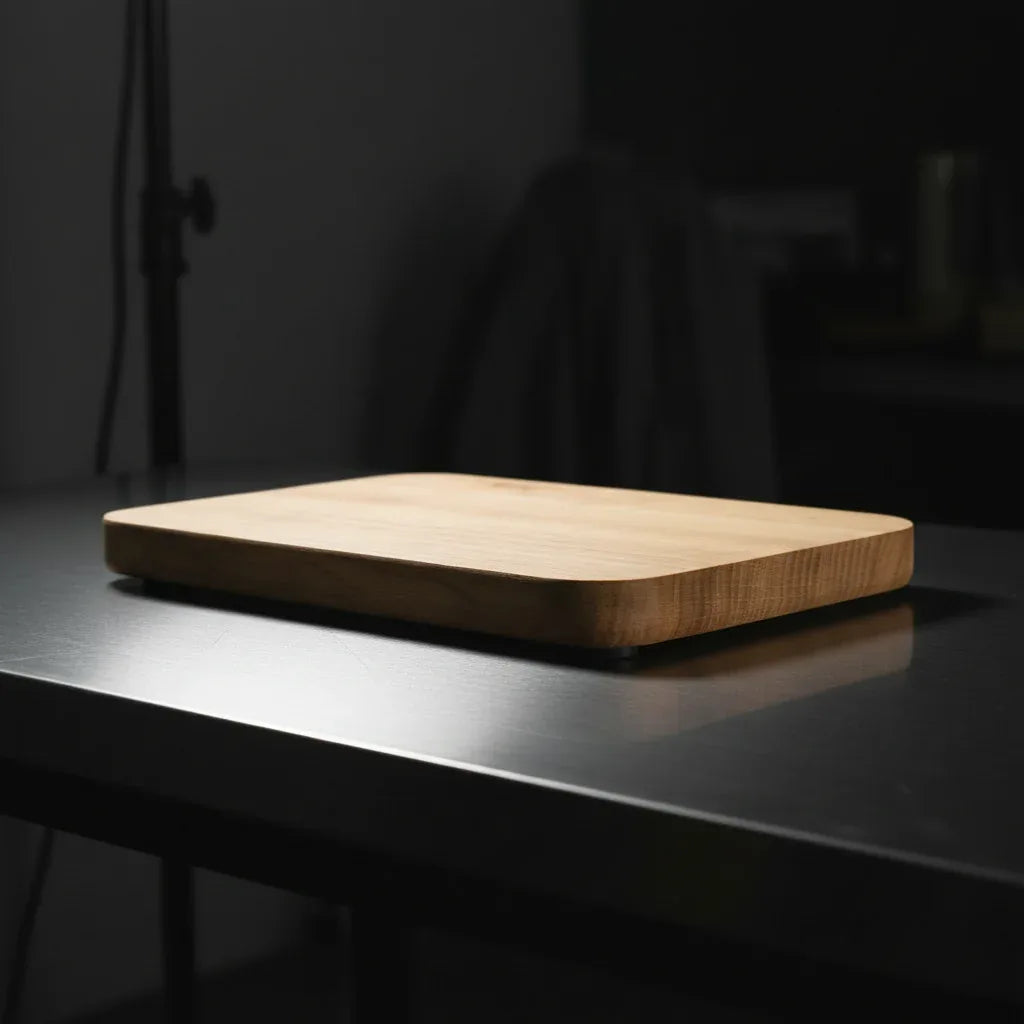 Planche à découper en bois massif sur plan de travail inox