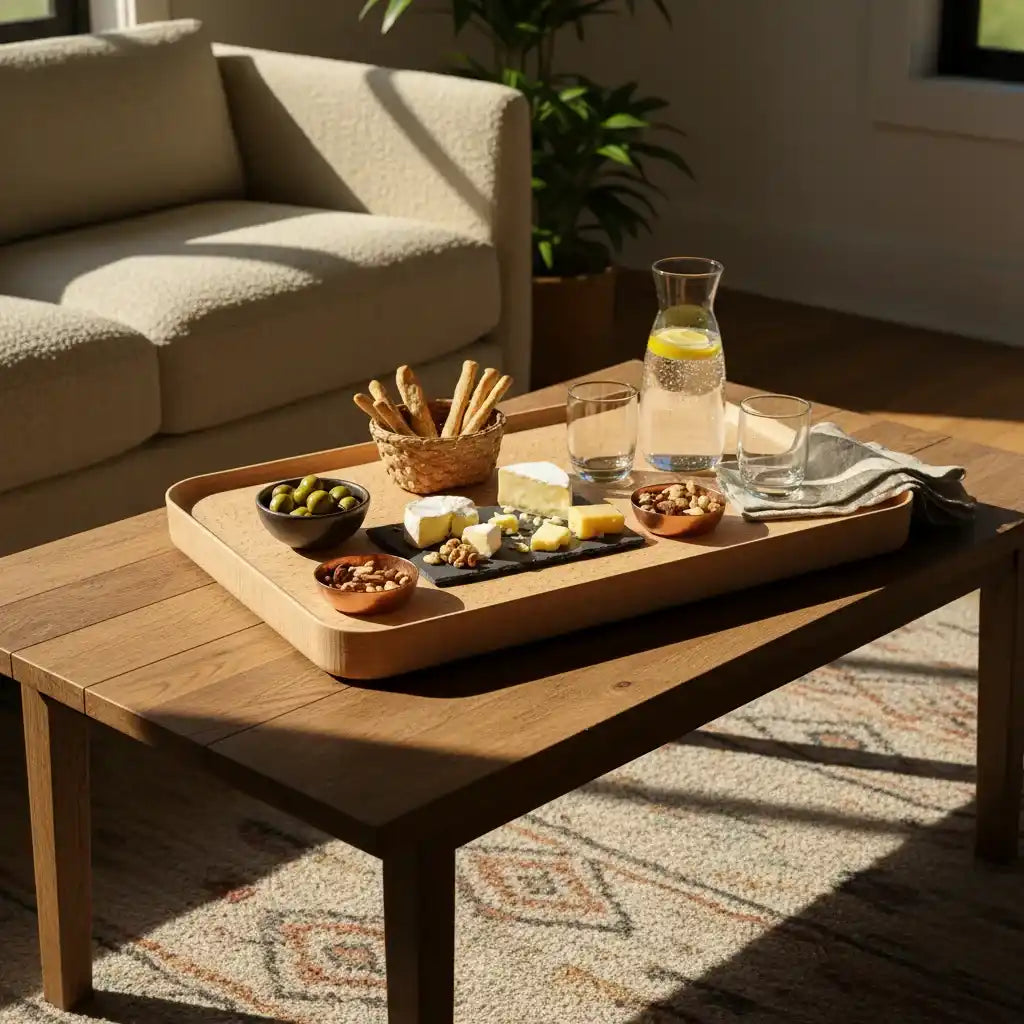 Plateau de présentation avec un apéritif servi dessus sur une table de salon
