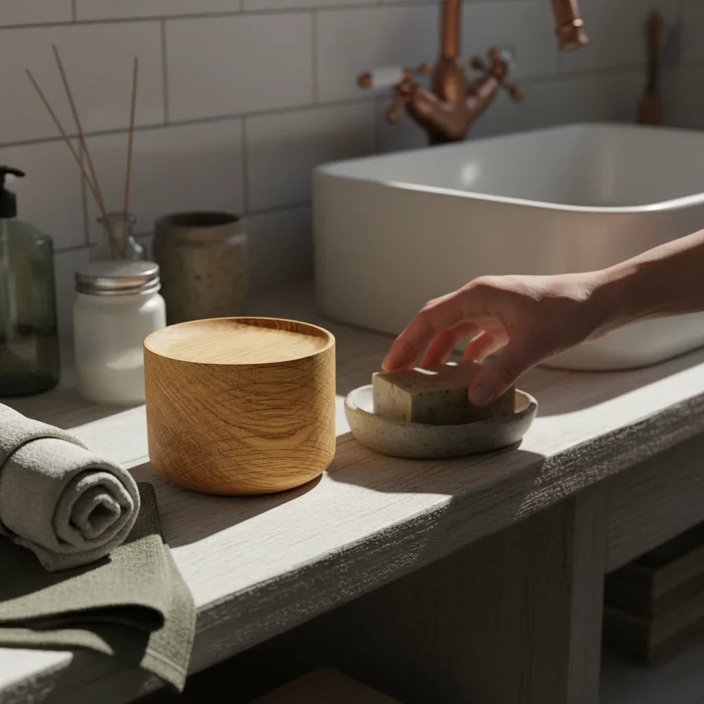 Présentoir à pour savons multi usages sur le meuble vasque d'une salle de bain