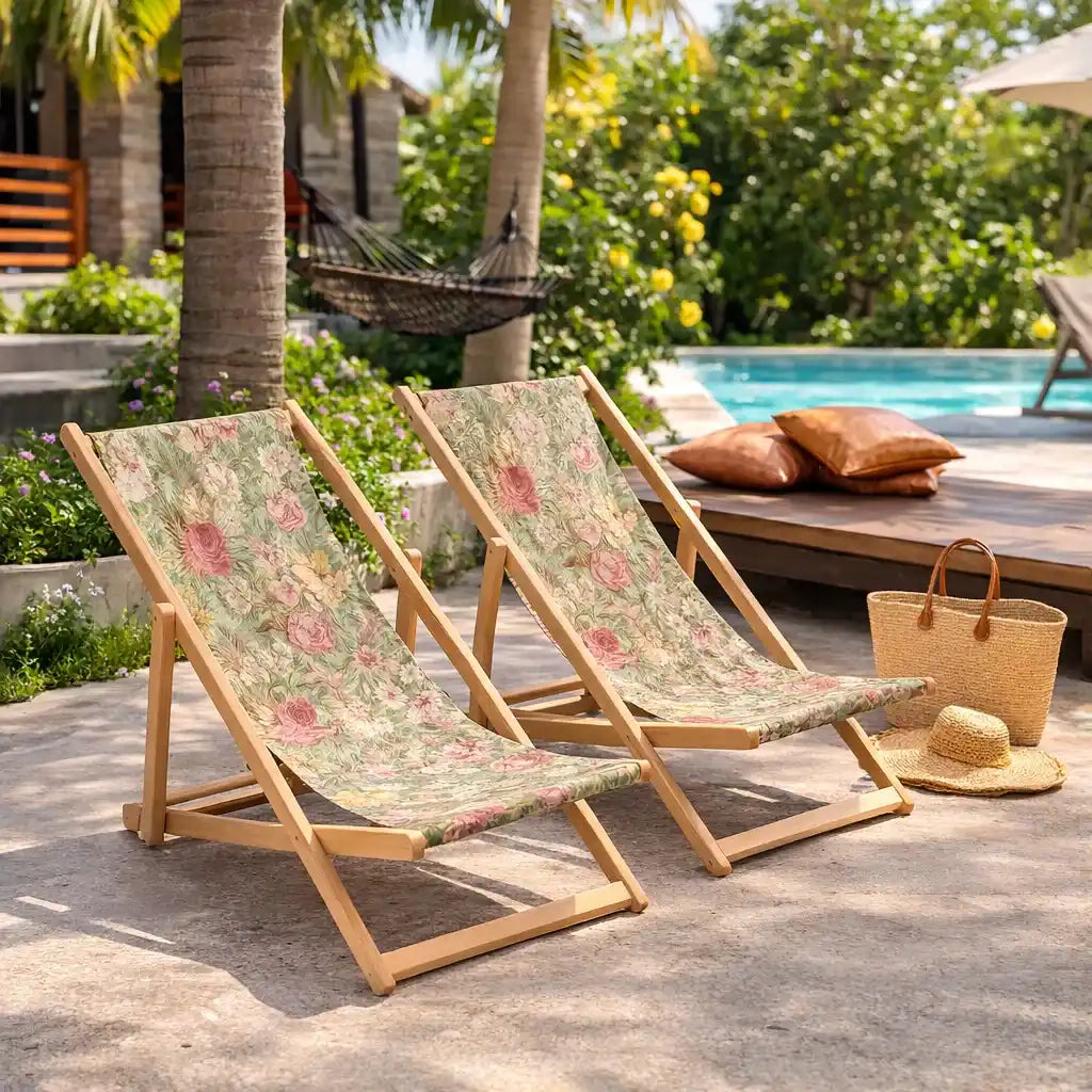 Deux chaises longues à motifs floraux sont assises sur un patio ensoleillé près d'une piscine. Un chapeau de paille et un sac tressé sont posés sur le sol à proximité. Des palmiers, un hamac et des coussins éparpillés créent un cadre extérieur décontracté.