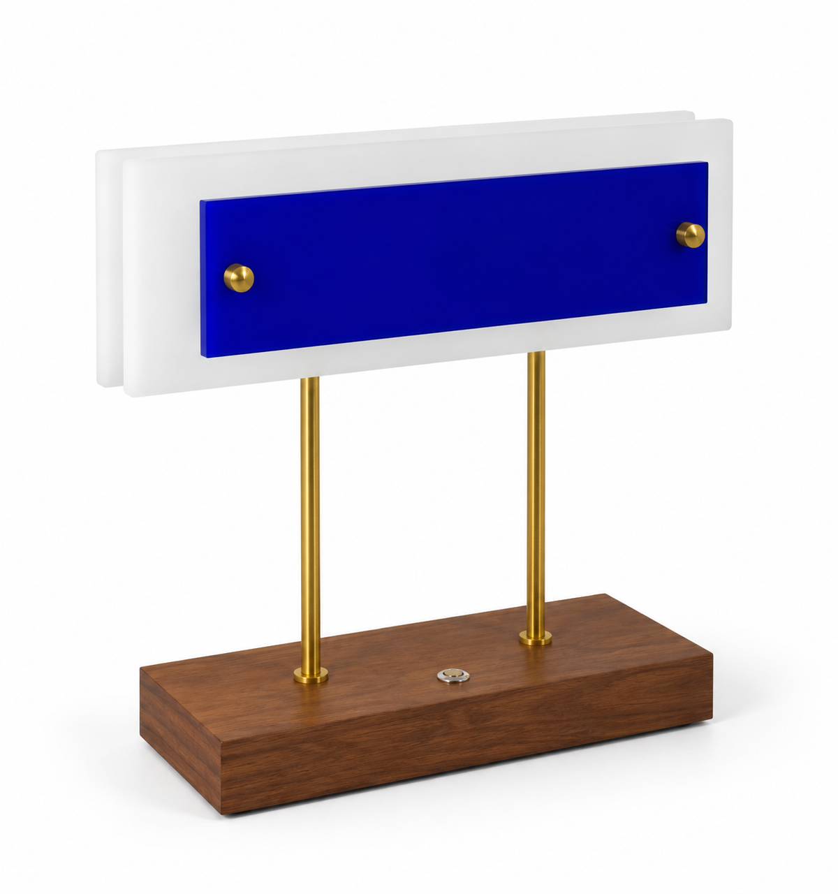 Lampe à poser Trait d’union bleu outremer, socle en noyer et tiges de laiton