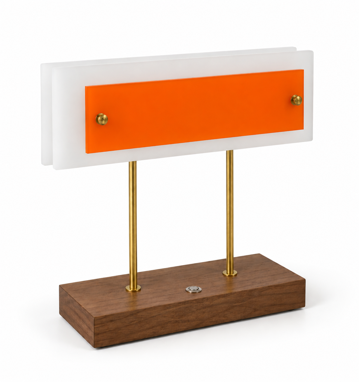 Lampe à poser Trait d’union orange, socle en noyer et tiges de laiton