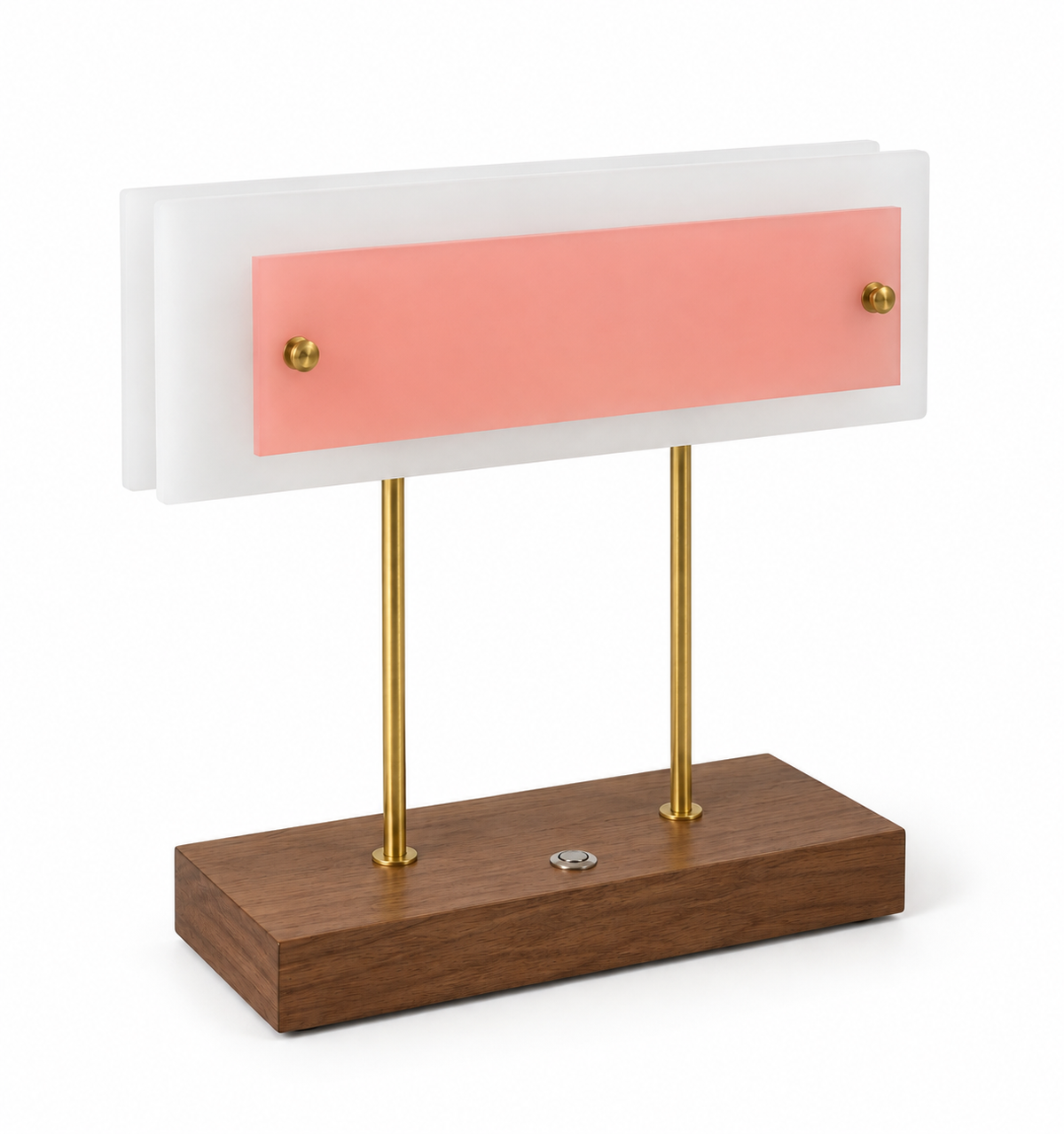 Lampe à poser Trait d’union rose pêche, socle en noyer et tiges de laiton