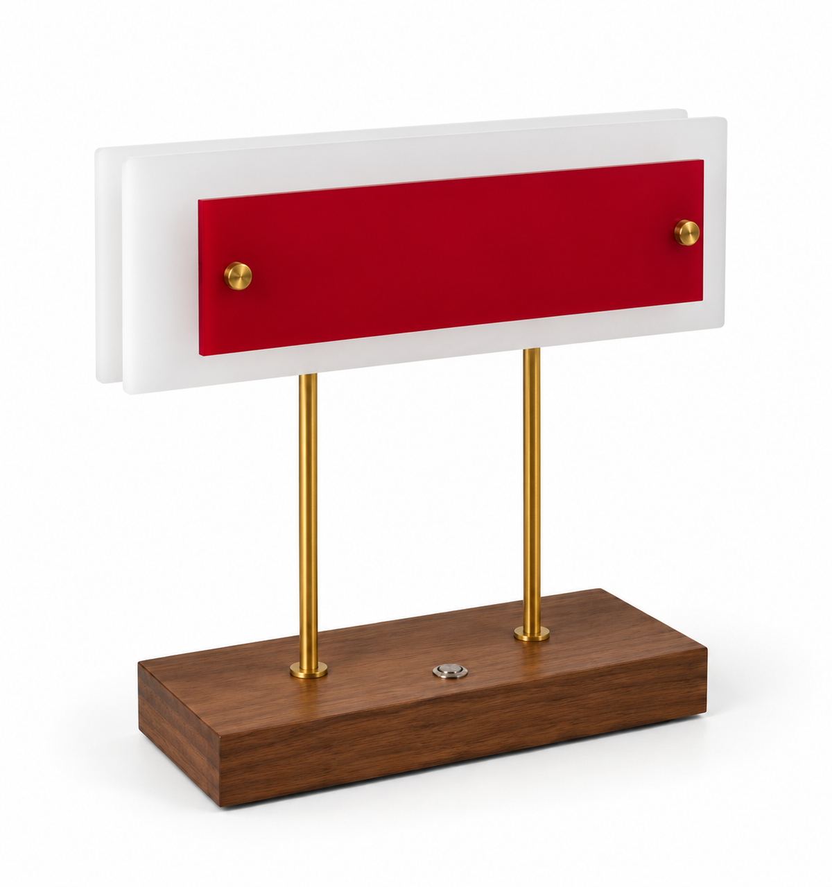 Lampe à poser Trait d’union rouge carmin, socle en noyer et tiges de laiton