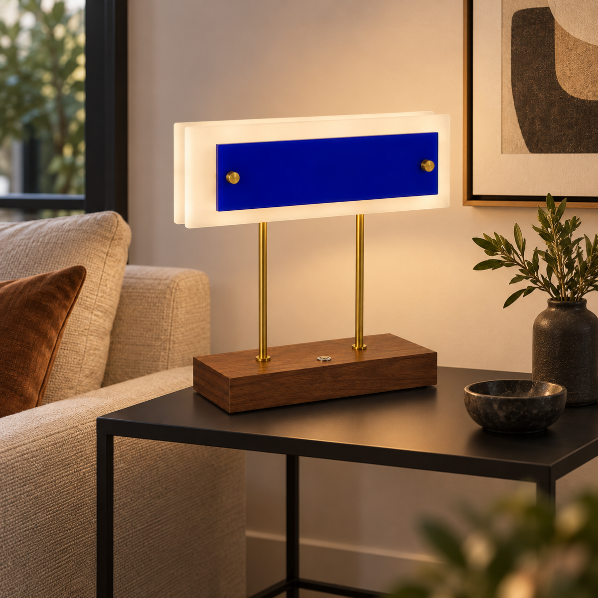 Lampe à poser Trait d’union allumée dans un intérieur