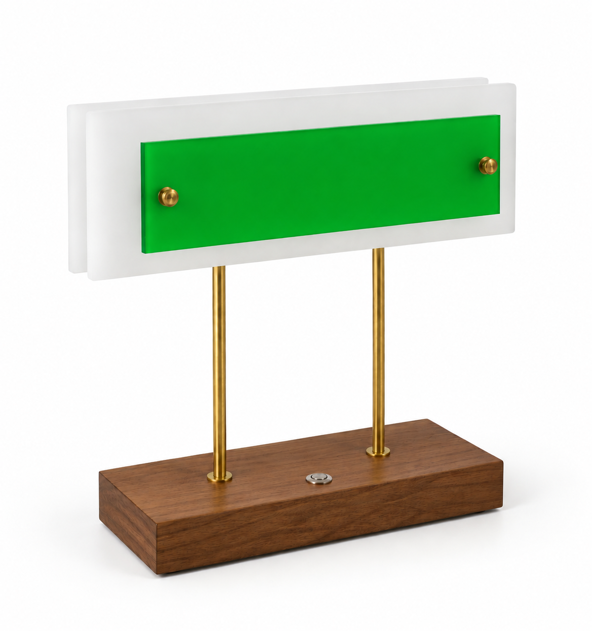 Lampe à poser Trait d’union vert prairie, socle en noyer et tiges de laiton